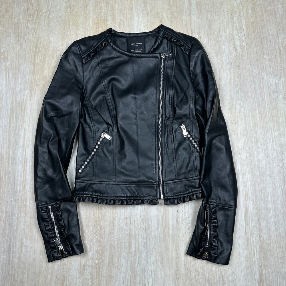 Zara Trafaluc Black Asymmetric Zip Up Pockets Ruffled Faux Leather Jacket XS